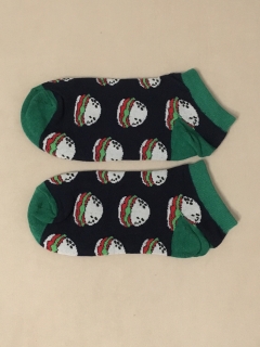Ponožky členkové čierno zelené s hamburgermi